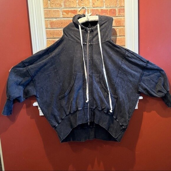 Blue Velvet Black Mineral Washed Hooded Jacket with White Drawstrings- Size M - Picture 1 of 9